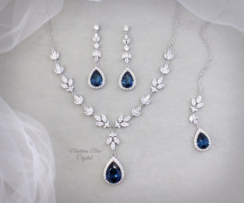 Wedding Bridal backdrop Necklace set Light Turquoise Sapphire Blue Wedding Jewelry set Bride Necklace Bridesmaid Necklace Earrings Gift Ana Ear+Neck w/Backdrop