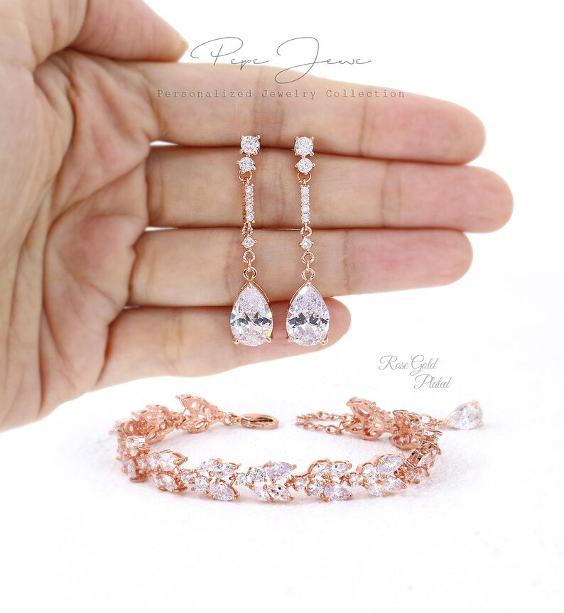 Wedding Bracelet Earrings set Zirconia Leaf Bracelet Earrings Wedding Jewelry Rose gold Bridal Bracelet set Bridesmaid Bracelet Gifts Fay
