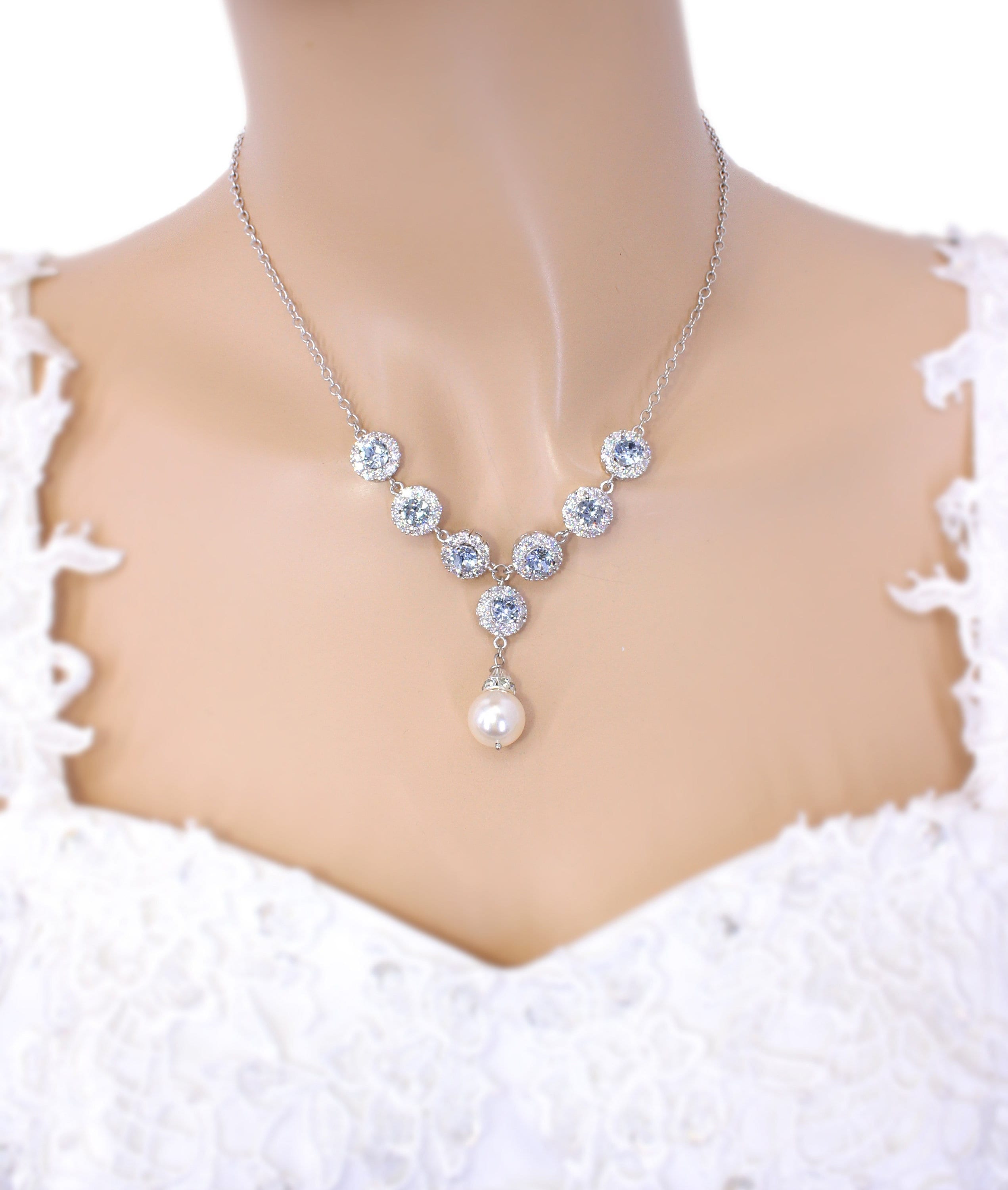 JWICOS Faux Pearl Bridal Necklace & Earrings Set - Rhinestone Floral Vine Design, Silver Tone, For Weddings & Parties