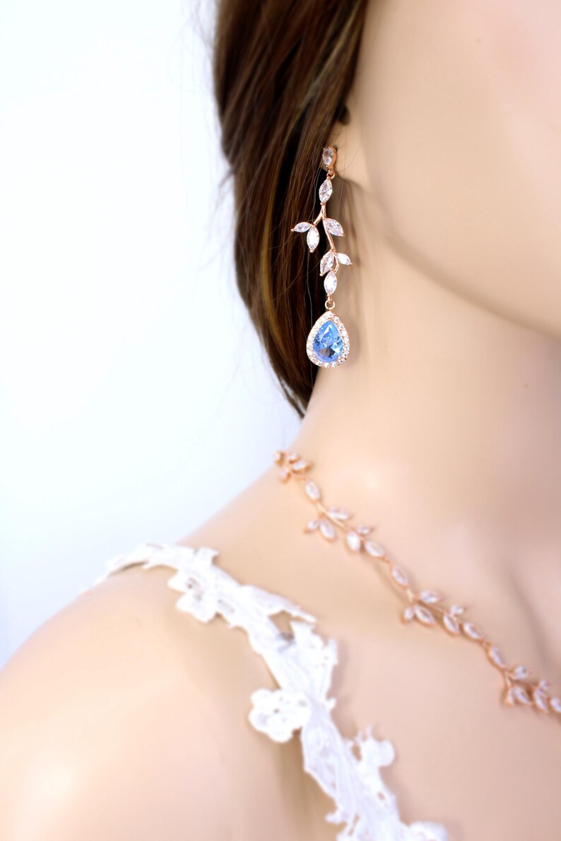 Sapphire Blue Leaf Zirconia Bridal Jewelry: Teardrop Vine Necklace, Earrings, Backdrop, Bracelet, Eva image 10