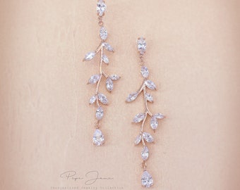 Pendientes de boda de vid, pendientes de circonita, ganchos, pendientes de oro rosa, pendientes de novia de hoja, joyería de boda, pendientes de regalo de novia de dama de honor, Eva