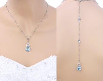 Light Aquamarine Wedding Earrings Backdrop necklace Sapphire Blue Earrings Bridesmaid Earrings Gift Bridal Jewelry set Wedding Jewelry Perl