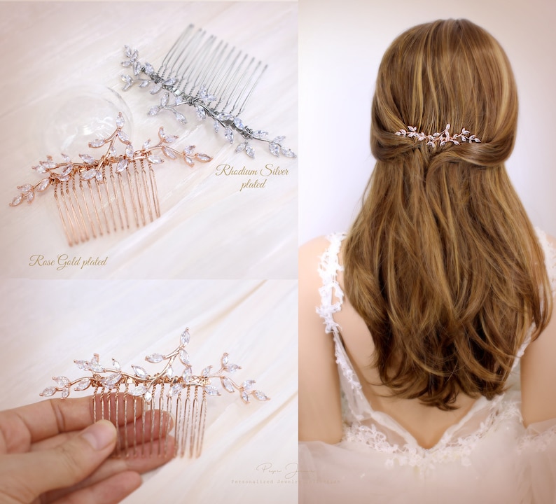 May include: A set of three bridal hair combs with crystal embellishments in the shape of leaves. The combs are available in rose gold, rhodium silver, and silver.