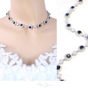 Navy Wedding Choker Necklace Sapphire Blue Zircon Necklace Wedding Jewelry Bride necklace Bridal Backdrop Necklace Bridesmaid Necklace Gift