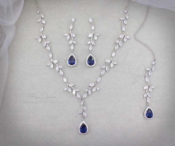 Sky Blue Light Turquoise Vine Wedding Necklace Earrings set Bridal earrings Sapphire Backdrop Necklace Bridal Jewelry Bridal Necklace Eva