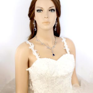 Sapphire Blue Leaf Zirconia Bridal Jewelry: Teardrop Vine Necklace, Earrings, Backdrop, Bracelet, Eva image 15