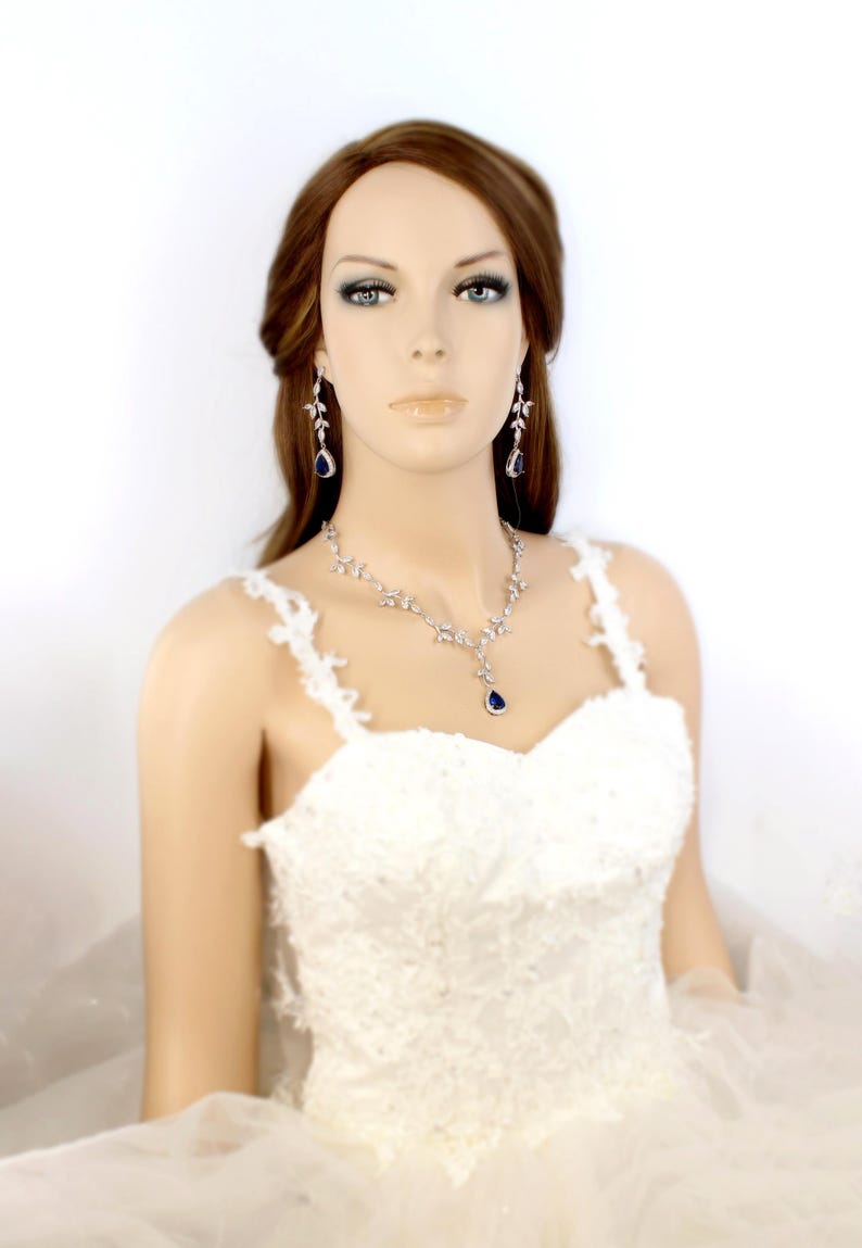 Sapphire Blue Leaf Zirconia Bridal Jewelry: Teardrop Vine Necklace, Earrings, Backdrop, Bracelet, Eva image 15