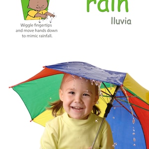 Puede incluir: Una niña sonríe bajo un paraguas multicolor. La palabra "rain" está en verde, con "lluvia" debajo. Una ilustración muestra el signo de la lluvia. La imagen es de BabySignsToo.com.