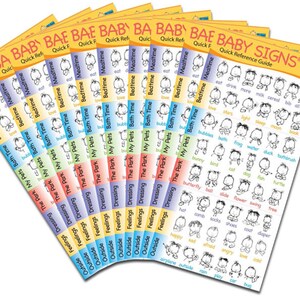 May include: A set of ten colorful laminated cards with black and white illustrations of baby sign language. Each card has a different category, such as "Bath Time", "My Pets", "The Park", "Dressing", "Feelings", and "Outside". The cards are designed to help babies learn sign language and communicate with their caregivers.