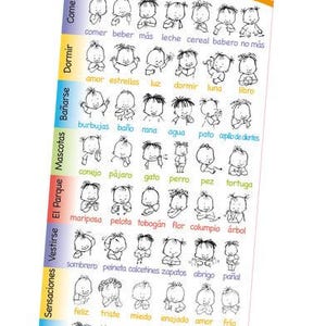 May include: A colorful chart with black and white illustrations of babies signing different words in Spanish. The chart is divided into sections with headings such as "Comer", "Dormir", "Ba&ntilde;arse", "Mascotas", "El Parque", "Vestirse", "Sensaciones", and "Pasear".