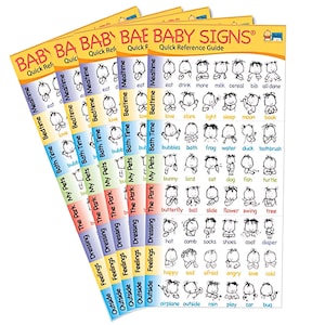 May include: Set of five colorful laminated cards with baby sign language illustrations and words. The cards are labeled with categories such as "Outside", "Feelings", "Dressing", "The Park", "My Pets", "Bath Time", "Bedtime", and "Mealtime".