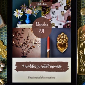Op de afbeelding: Een digitale tablet toont een collage van afbeeldingen met bloemmotieven, metaalreliëfkunst en decoratieve elementen. De tekst bevat "Modèles PDF" en "4 modèles en métal repoussé". De achtergrond is een patroonstof.