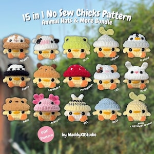 Puede incluir: Un paquete de 15 patrones de pollitos sin costuras con sombreros de animales de MaddyXOStudio, que muestra quince pollitos amarillos de ganchillo con varios sombreros: mono, vaca, rana, brote, pingüino, panda, capibara, seta, gato, conejo, oso, ajolote, abeja y un pollito desnudo.