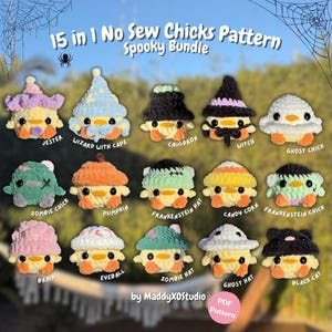 May include: A collection of 15 crocheted plush chicks in a spooky bundle, each wearing a different costume including a jester, wizard, witch, ghost, zombie, pumpkin, Frankenstein, candy corn, brain, eyeball, and black cat with text labels.