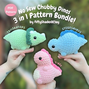 May include: A bundle of three crocheted dinosaur patterns. The dinosaurs are a green Triceratops, a blue Stegosaurus, and a pink T-Rex. The text on the image reads "No Sew Chubby Dinos 3 in 1 Pattern Bundle!" and "by FiftyShades0Clay."
