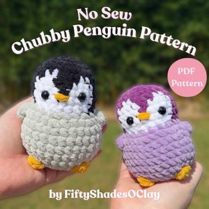 May include: Two handmade crochet penguin toys. One is grey and black, the other is purple and white. Both have yellow beaks and feet. The image includes text that reads "No Sew Chubby Penguin Pattern" and "PDF Pattern".