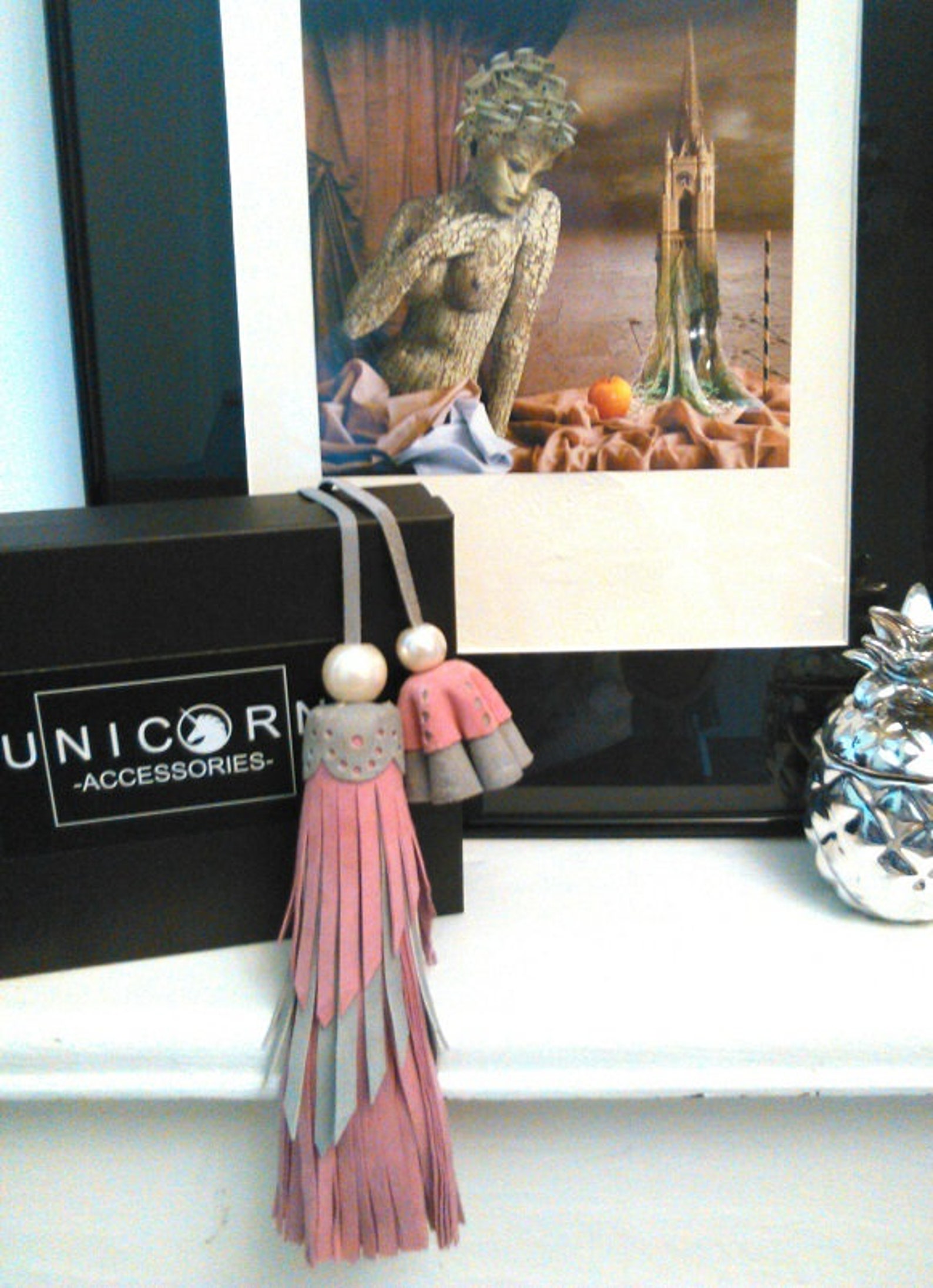 Leather Bag Charm in Bright Yellow, Blue and Gray,leather Tassel