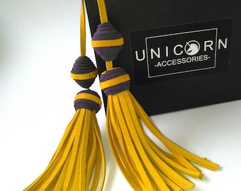 Leather tassel keychain,bag charm in yellow and purple skin,bag tassel