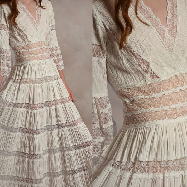 Vintage 70s Dress, 1970s Mexican Wedding Dress, 70s Boho Maxi Dress, XS