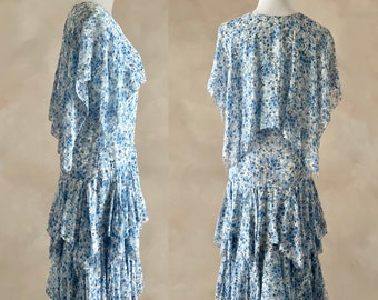 Vintage 20s Dress, 1920s Drop Waist Dress, Cotton Floral Dress Handkerchief Hem Dress, XS