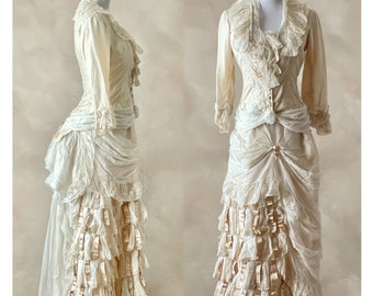 Antique Victorian Dress, 1880s Wedding Dress, Victorian Bustle Back Gown, EX Condition, S, XS