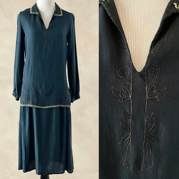 Vintage 20s Dress 1920s Black Silk Dress, Gold Metallic Thread Embroidered Dress M