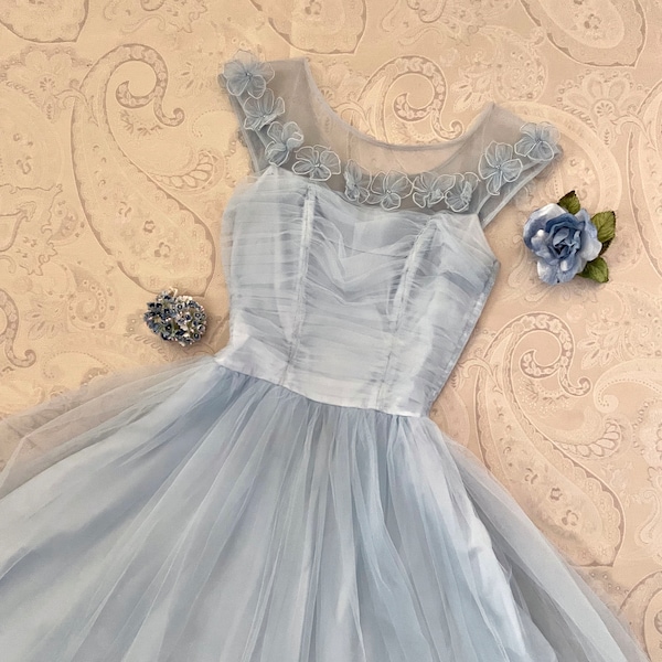 Vintage 50s Dress 1950s Blue Prom Dress Dreamy Romantic Fairytale Dress XS XXS