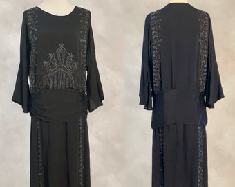 Antique Edwardian Early 1920s Dress Edwardian Hand Beaded Silk Crepe Dress Large