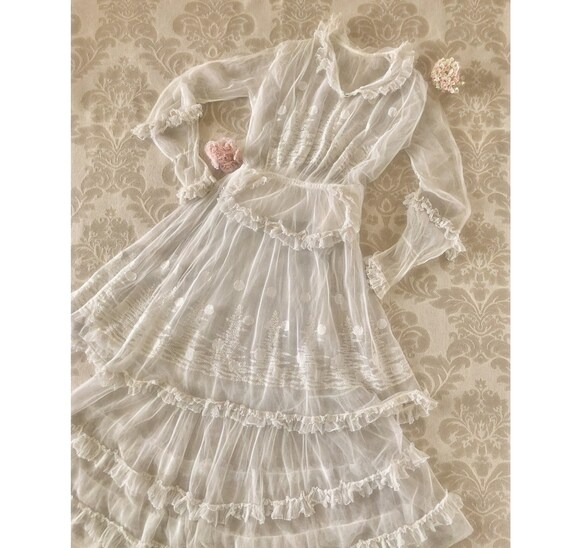 Antique Edwardian Dress, 1910's Embroidered, Ruffl