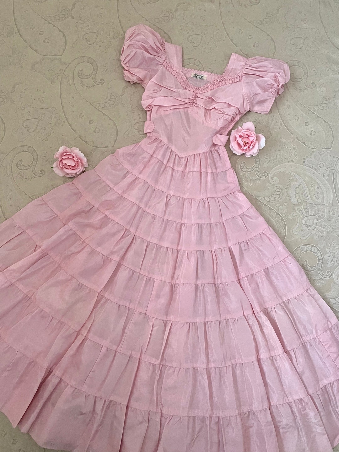 Vintage 30s Dress, 1930s Gown, Pink Taffeta Gown, Puffed Sleeve Dress ...