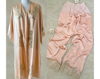 Vintage 20s Silk Loungewear, 1920s Lace Applique Robe and Pants, Silk and Lace Lounge Set