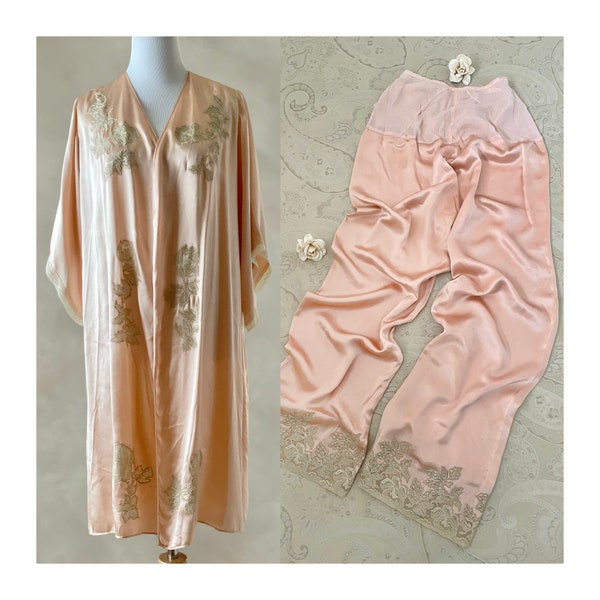 Vintage 20s Silk Loungewear, 1920s Lace Applique Robe and Pants, Silk and Lace Lounge Set