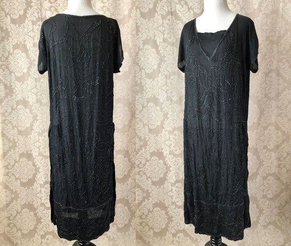 Vintage 20's Dress, 1920's Silk Beaded Dress, Blac
