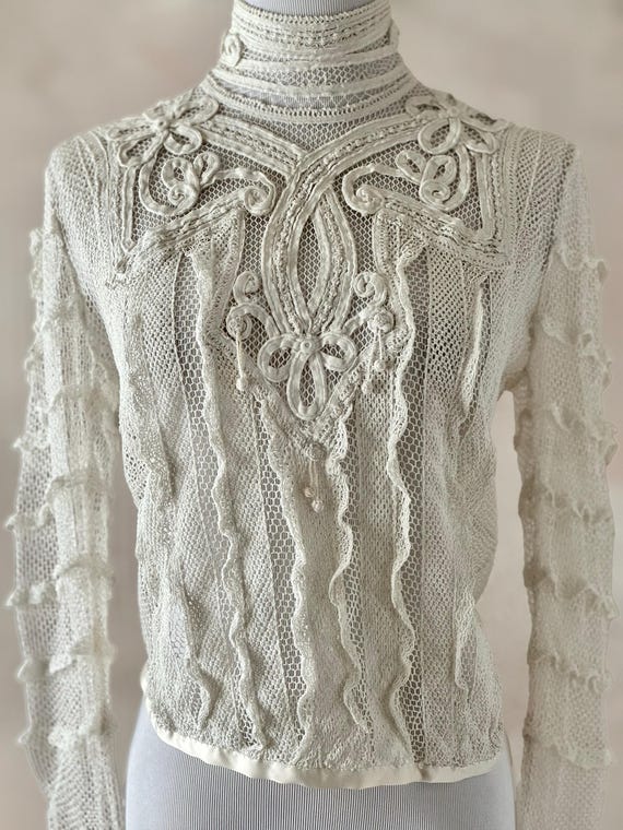 Antique Edwardian Blouse, 1910s Net Lace Passemen… - image 2