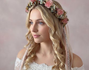 Handmade Vintage Wedding Hairpiece, Peach Floral Hair Wreath