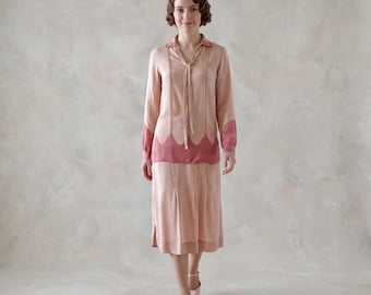 Vintage 20s Dress, 1920s Pink Silk Art Deco Drop Waist Dress, XS