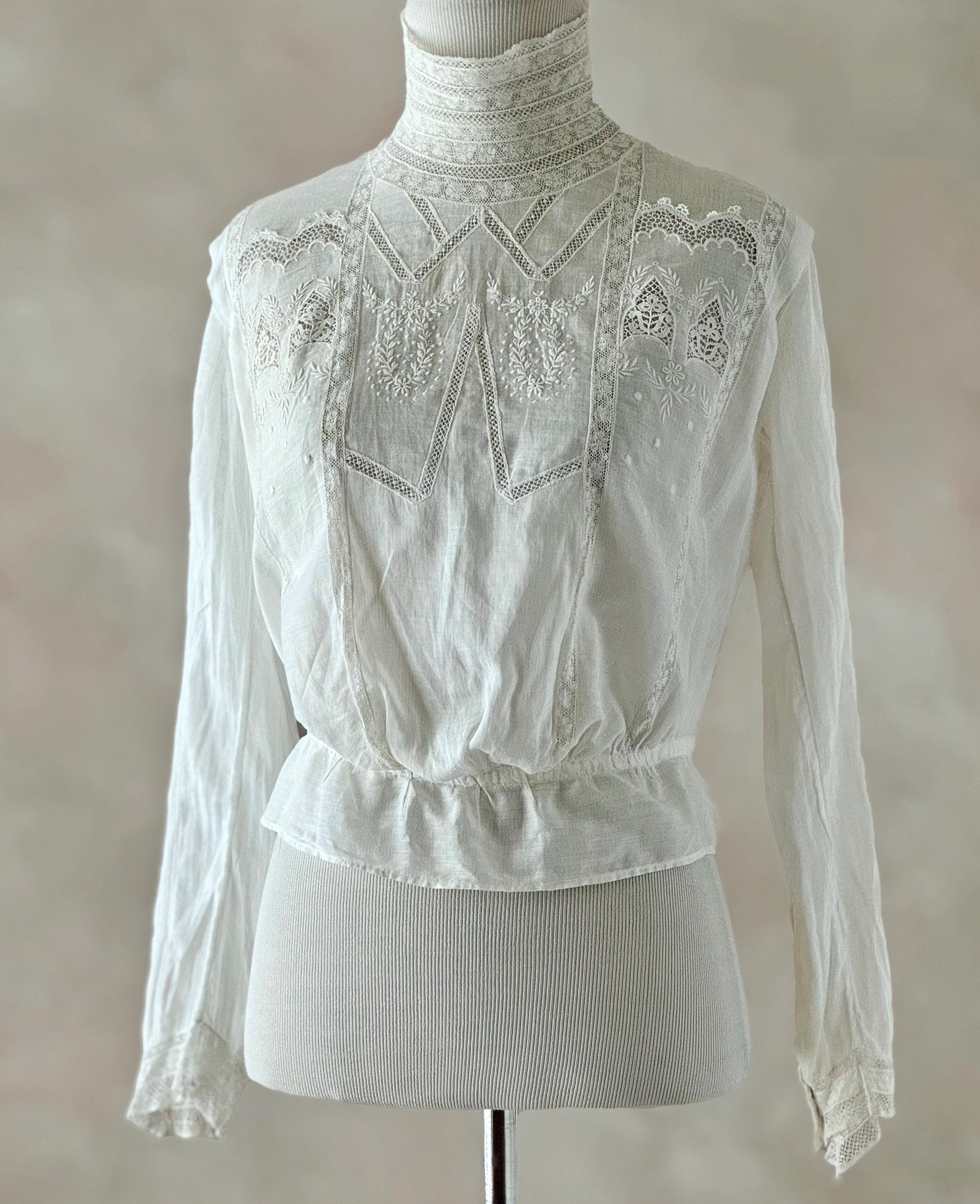 Antique Edwardian Blouse, 1910s Embroidered Cotton and Lace Antique Edwardian Blouse, 1910s Embroidered Cotton and Lace