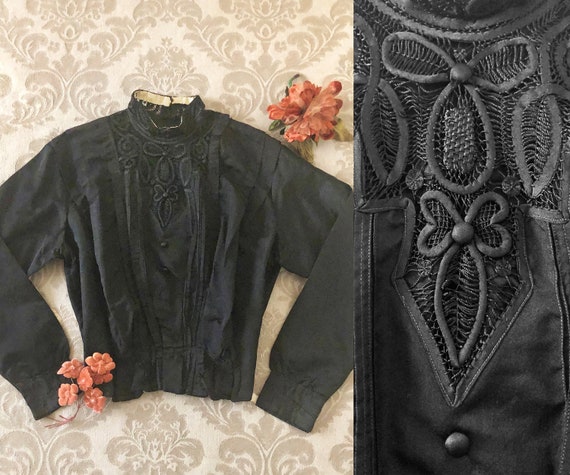 Antique Edwardian Bodice, 1910's Black Silk Blouse