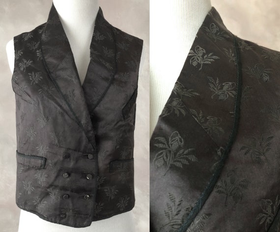 Antique Silk Waistcoat, 1800's Black Silk Damask W