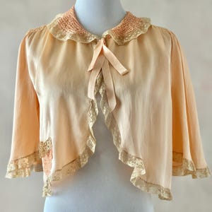 Vintage 30s Bed Jacket, 1930s Peach Silk and Lace Loungewear, S