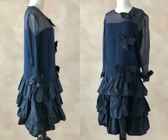 Vintage 20'sDress, 1920's Silk Chiffon Dress, Navy