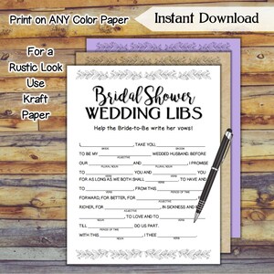 Wedding Libs Bridal Shower Game / Simply Pretty Printable Wedding Shower Game / Rustic Bridal Shower / Hen Party / DIY Wedding Games SE79