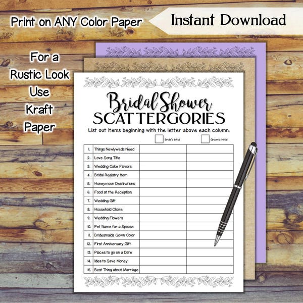 Scattergories Bridal Shower Game / Printable Wedding Shower Game / Simply Pretty Bridal Shower / Hen Party Games / DIY Wedding Games SE79