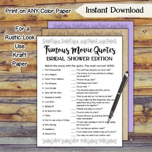 Famous Movie Quotes Match Bridal Shower Game / Printable Wedding Shower Game / Simply Pretty Bridal Shower Hen Party / DIY Wedding Game SE79
