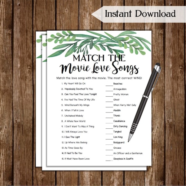 Match the Movie Love Song Bridal Shower Game / Greenery Theme Printable Bridal Shower Game / Bachelorette Party / Hen Party Games GN78