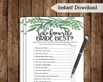 Who Knows the Bride Best? Bridal Shower Game / Greenery Theme Printable Bridal Shower Game / Bachelorette Night / Hen Party Game GN78