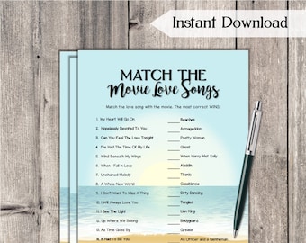 Match the Movie Love Song Bridal Shower Game / Beach Printable Wedding Shower Game / Bachelorette Party Hen Party / DIY Wedding Game BH74