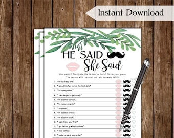 Greenery Bridal Shower Game, He Said She Said, Printable (Digital Download)