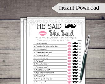 He Said She Said Bridal Shower Game / White Lace Theme / Printable Bridal Shower He Said She Said Game / Bachelorette Party Games LC72