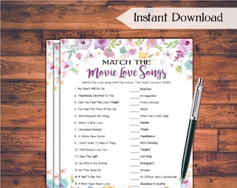 Match the Movie Love Song Bridal Shower Game / Wild Flowers Theme Printable Bridal Shower Game / Bachelorette Party / Hen Party Games WFL77